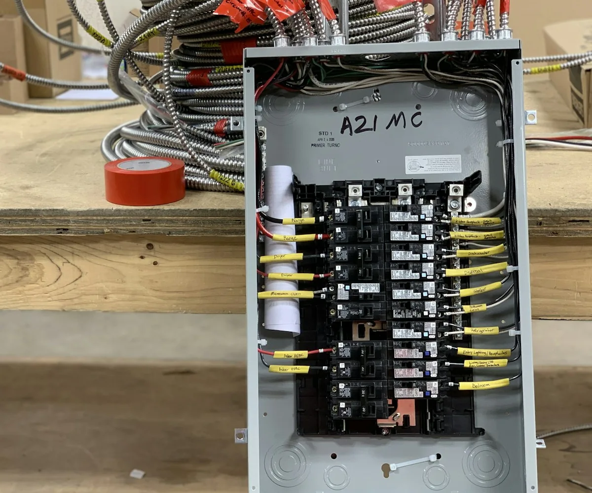 An open residential breaker panel during a new build, with each circuit wire labelled